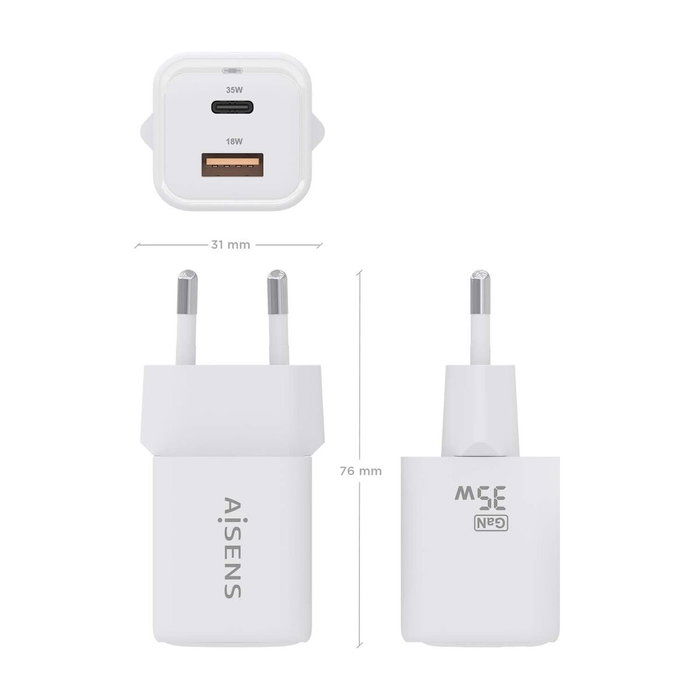 Aisens Cargador GaN 35W con 2 Puertos USB-C y USB-A, Blanco