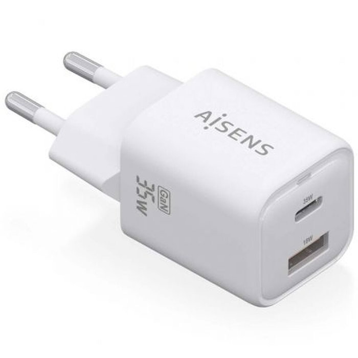Aisens Cargador GaN 35W con 2 Puertos USB-C y USB-A, Blanco