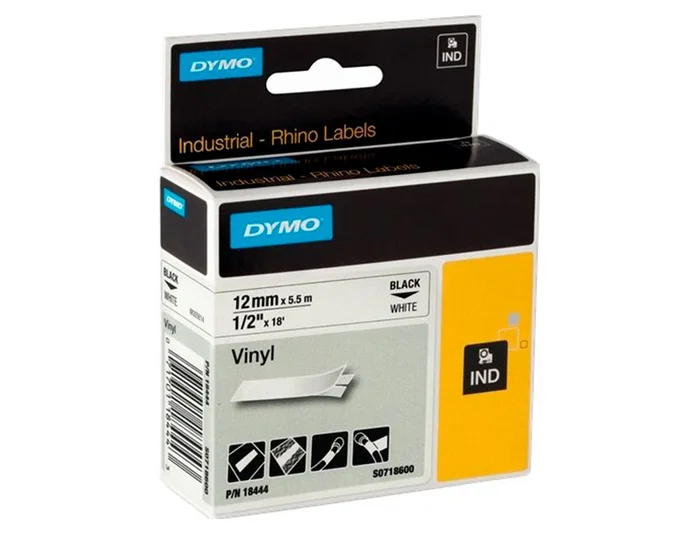 Dymo RHINO Cinta de Vinilo Industrial 12mm x 5,5m Negro sobre Blanco