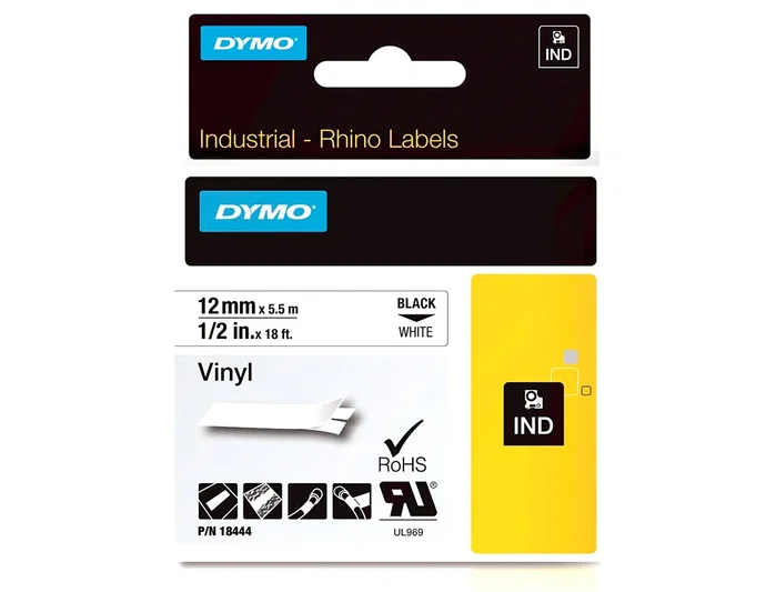 Dymo RHINO Cinta de Vinilo Industrial 12mm x 5,5m Negro sobre Blanco