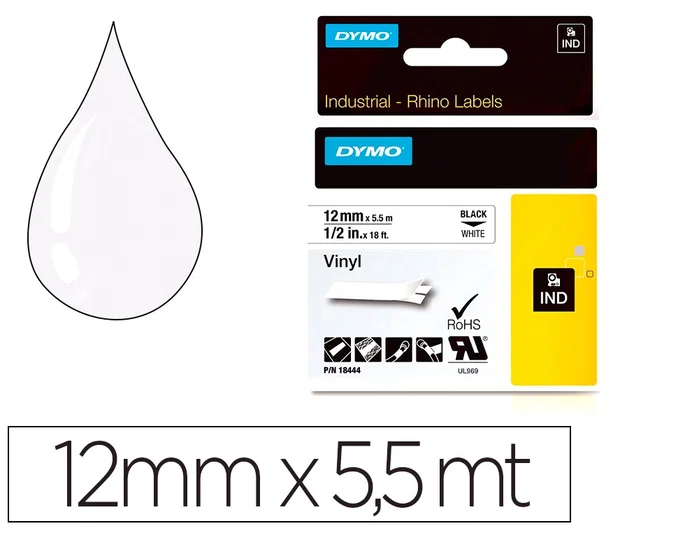 Dymo RHINO Cinta de Vinilo Industrial 12mm x 5,5m Negro sobre Blanco