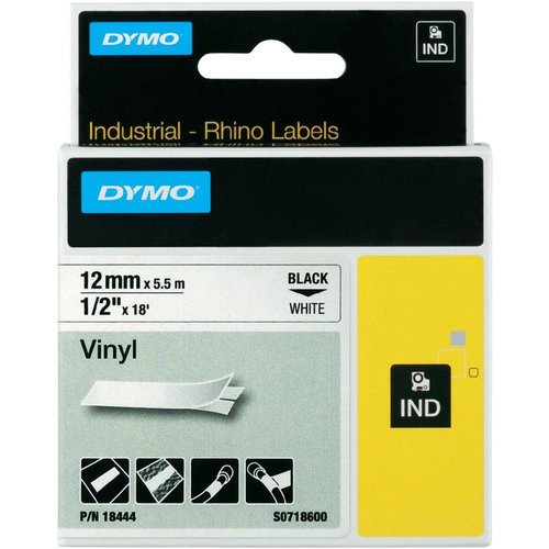 Dymo RHINO Cinta de Vinilo Industrial 12mm x 5,5m Negro sobre Blanco