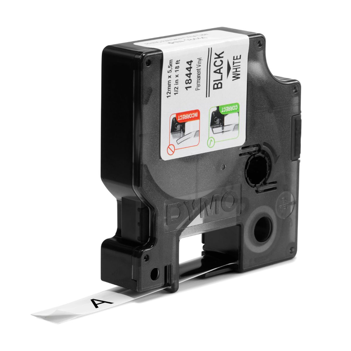 Dymo RHINO Cinta de Vinilo Industrial 12mm x 5,5m Negro sobre Blanco