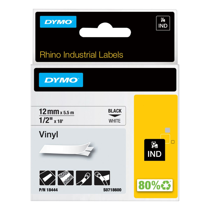 Dymo RHINO Cinta de Vinilo Industrial 12mm x 5,5m Negro sobre Blanco