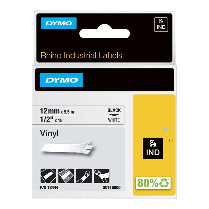 Dymo RHINO Cinta de Vinilo Industrial 12mm x 5,5m Negro sobre Blanco Dymo RHINO Cinta de Vinilo Industrial 12mm x 5,5m Negro sobre Blanco