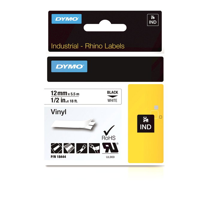 Dymo RHINO Cinta de Vinilo Industrial 12mm x 5,5m Negro sobre Blanco
