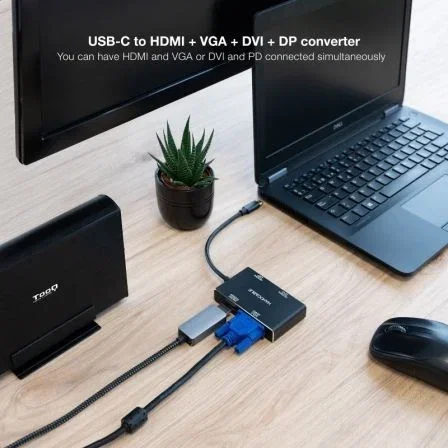 Nanocable Conversor USB-C Macho a HDMI Hembra + DVI Hembra + DP Hembra + VGA Hembra - 10cm - Negro