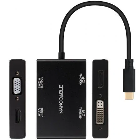 Nanocable Conversor USB-C Macho a HDMI Hembra + DVI Hembra + DP Hembra + VGA Hembra - 10cm - Negro