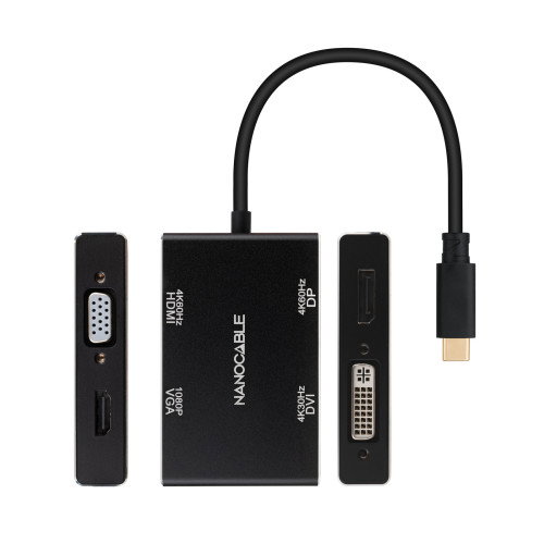 Nanocable Conversor USB-C a HDMI, DVI, DP y VGA, 10 cm, Negro