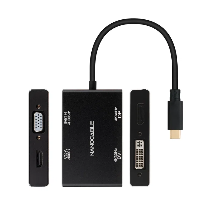Nanocable 10.16.4307 Replicador de Puertos USB-C a HDMI + VGA + DisplayPort + DVI, Compatible con Thunderbolt 3, 4K 60Hz, Plug and Play, Aluminio, Negro