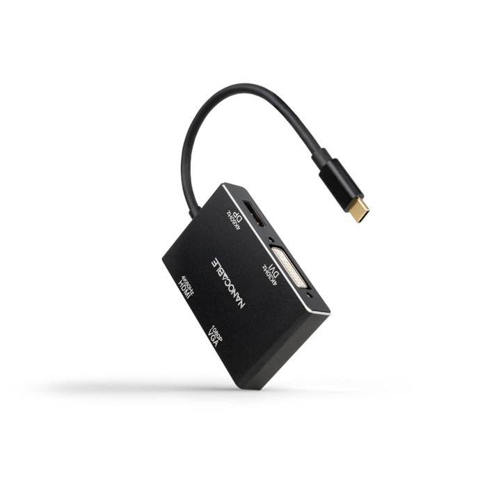 Nanocable Conversor USB-C Macho a HDMI Hembra + DVI Hembra + DP Hembra + VGA Hembra - 10cm - Negro Nanocable Conversor USB-C Macho a HDMI Hembra + DVI Hembra + DP Hembra + VGA Hembra - 10cm - Negro