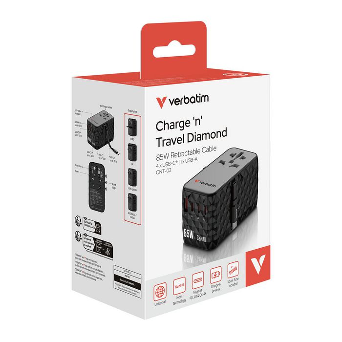 Verbatim Charge 'n' Travel Diamond 85W Retractable Cable CNT-02 Adaptador de Viaje Universal GaN III