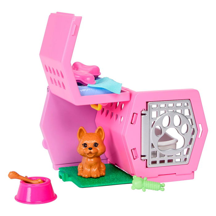 Barbie Muñeca Chelsea Con Perro Y Transportín Jdf89, Pelo Rubio, Falda Extraíble, Juguetes Para Perros