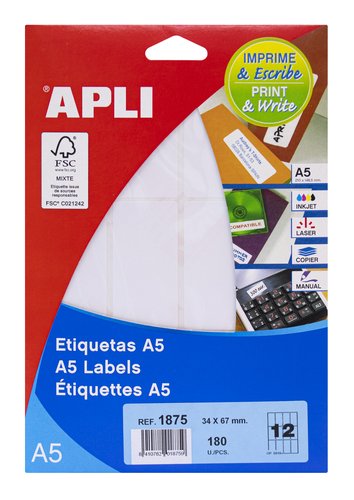 Apli Etiquetas Adhesivas 34x67mm A5 Blanco con Cantos Romos