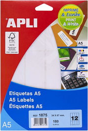 Apli Etiquetas Adhesivas 34x67 mm Cantos Romos A5 Blanco 180 Unidades