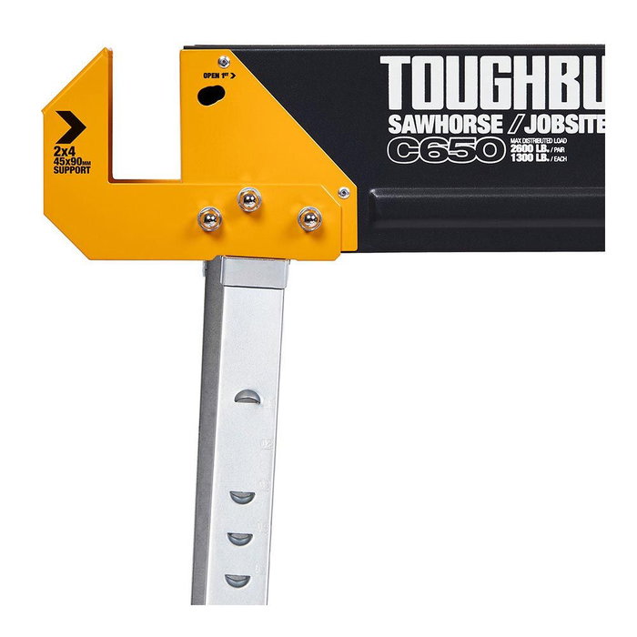 Toughbuilt Caballetes Portátiles / Mesa de Trabajo C650, 2 unidades, Acero, Capacidad 590 kg por caballete (1180 kg total), Revestimiento Anticorrosión, Asa de Transporte
