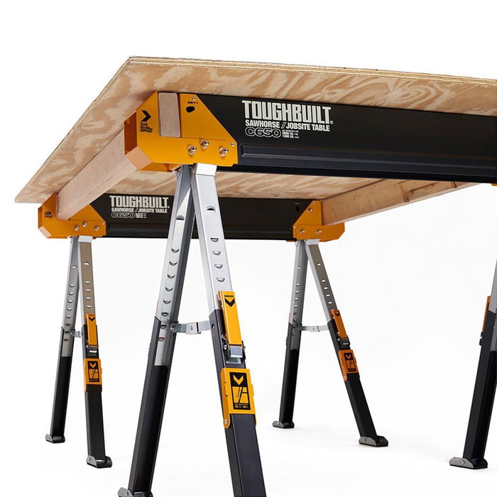 Toughbuilt Caballetes Portátiles / Mesa de Trabajo C650, 2 unidades, Acero, Capacidad 590 kg por caballete (1180 kg total), Revestimiento Anticorrosión, Asa de Transporte