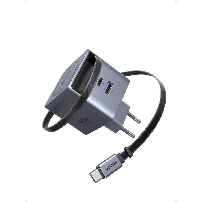 Ugreen Cargador GaN 65W con Cable USB-C Retráctil Gris