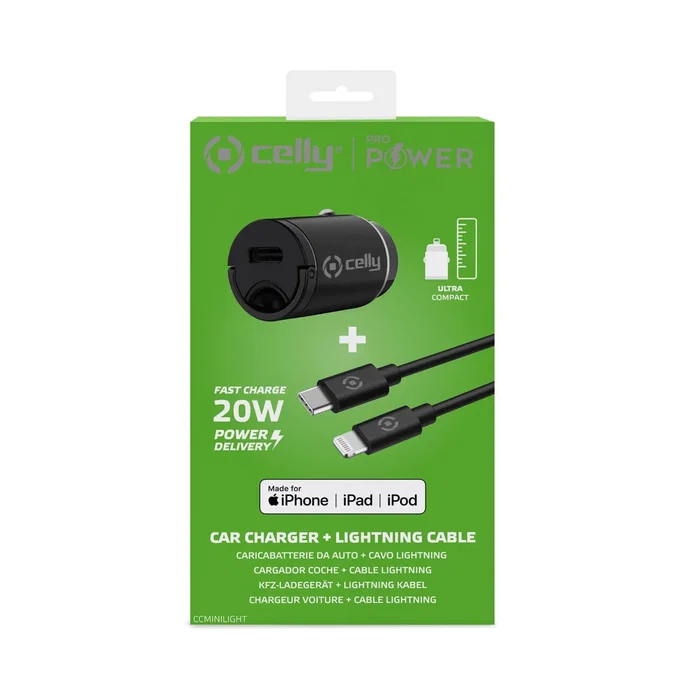 Celly CCMINILIGHT - Cargador de Coche Ultracompacto 20W PD con Cable USB-C a Lightning para iPhone - Negro
