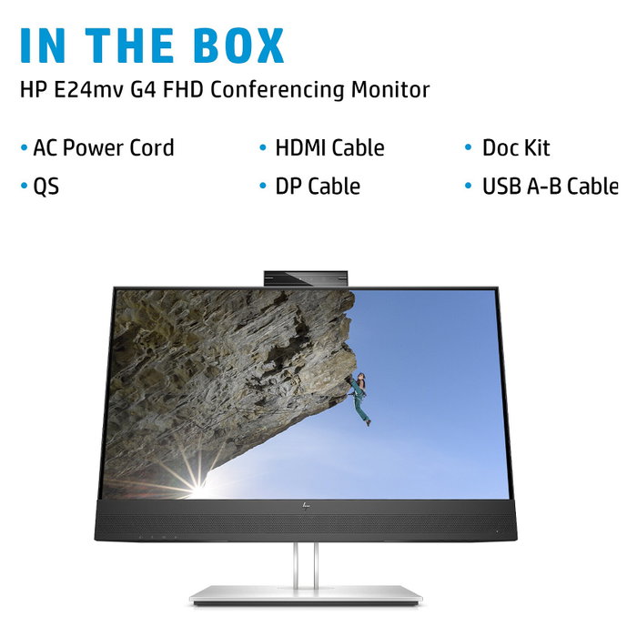 HP E24mv G4 - Monitor de videoconferencia Full HD IPS de 60.5 cm (23.8") con altavoces, cámara 5 MP, micrófono, HDMI, DisplayPort, USB-C, VGA y montaje VESA - Negro/Plata