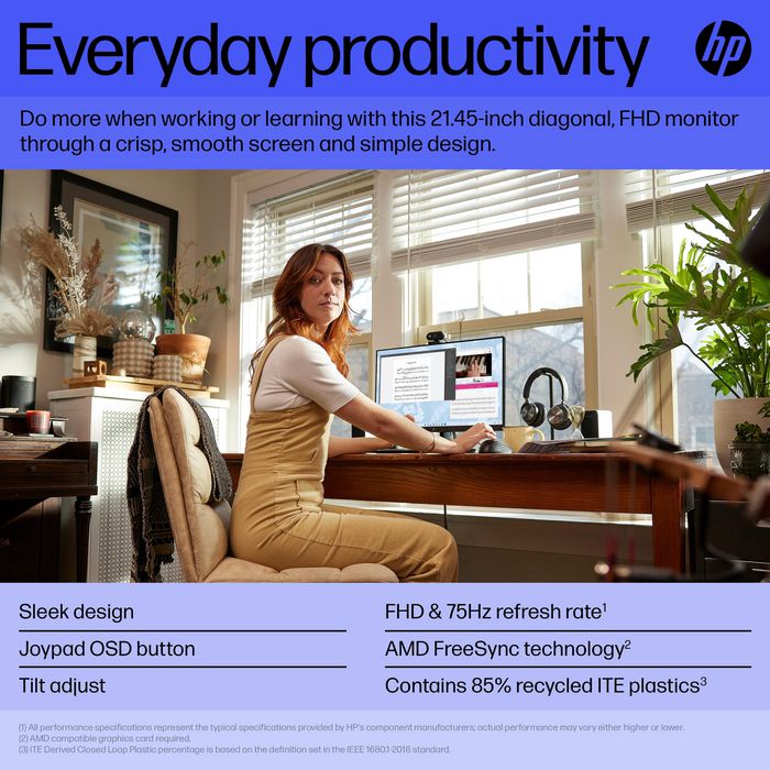 HP V22v G5 Monitor FHD 21.45" (54.5 cm) - Resolución Full HD 1920x1080, 75Hz, AMD FreeSync, Inclinación Ajustable