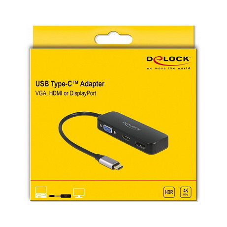 DeLOCK Adaptador USB-C a DisplayPort HDMI VGA, Thunderbolt 3, 4K 60 Hz, HDR, Compatible con Windows, Mac, Linux - Negro