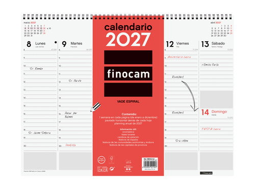 FINOCAM Vade Calendario de Sobremesa Espiral 2027 420x310mm Neutro