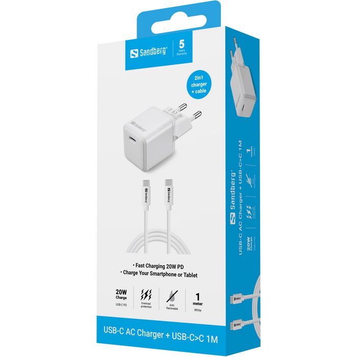 SANDBERG Kit de Cargador USB-C 20W con Cable USB-C a USB-C 1M
