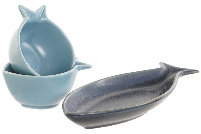 DKD Home Decor Aperitivo Mediterraneo Set de 4 Porcelana Acacia Azul Celeste 16.5 x 1.3 x 19.5 cm