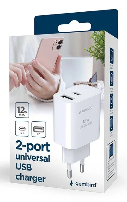 Gembird Cargador USB Universal de 2 Puertos USB-A y USB-C Negro TA-UC-2AC12-01-BK
