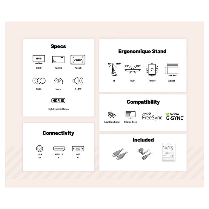 JAPANNEXT JN-IPS2382FHDR-HSP Monitor IPS 24" Full HD (1920x1080) HDR 75Hz AMD FreeSync con Altavoces, VESA y Ajuste de Altura