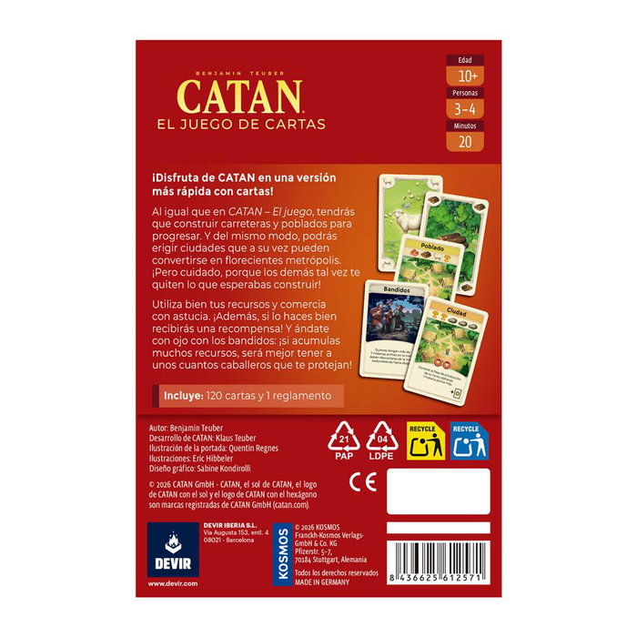 Devir - Catan Juego de Cartas, Juego de Estrategia y Recursos Portátil para 2-4 Jugadores a Partir de 10 Años, por Klaus Teuber, Editorial Kosmos