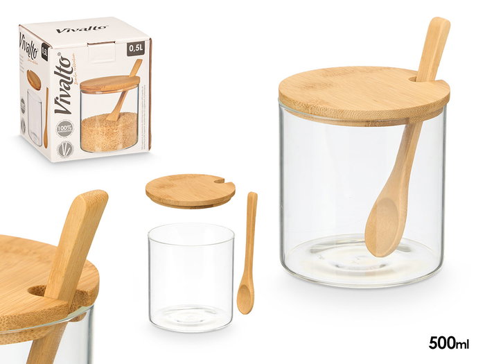 VIVALTO Azucarero de Borosilicato con Tapa de Bambú 500ml VIVALTO Azucarero de Borosilicato con Tapa de Bambú 500ml