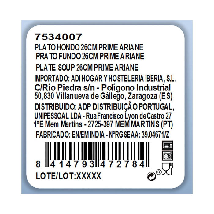 Plato Hondo Porcelana Prime Ariane 26 cm