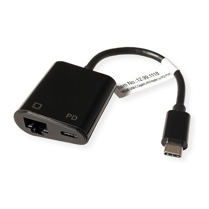 VALUE 12.99.1118 Adaptador USB-C a Ethernet Gigabit con Puerto PD de 100W, USB 3.2 Gen 2, Negro, para PC y Laptop
