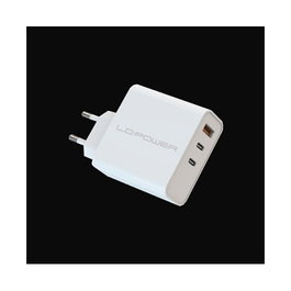 LC-Power Cargador GaN 65W LC-GAN-65 con 2 Puertos USB-C y 1 USB-A, Tecnología Power Delivery 3.0, Blanco