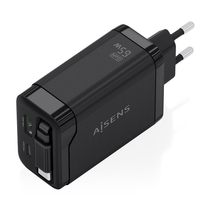 Aisens Cargador GaN 65W con Cable Retráctil USB-C y 3 Puertos, Negro