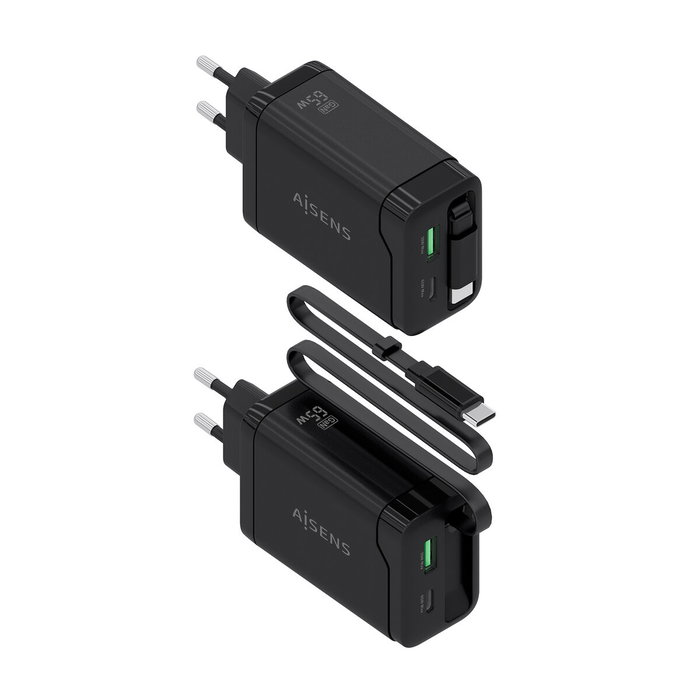 Aisens Cargador GaN 65W con Cable Retráctil USB-C y 3 Puertos, Negro
