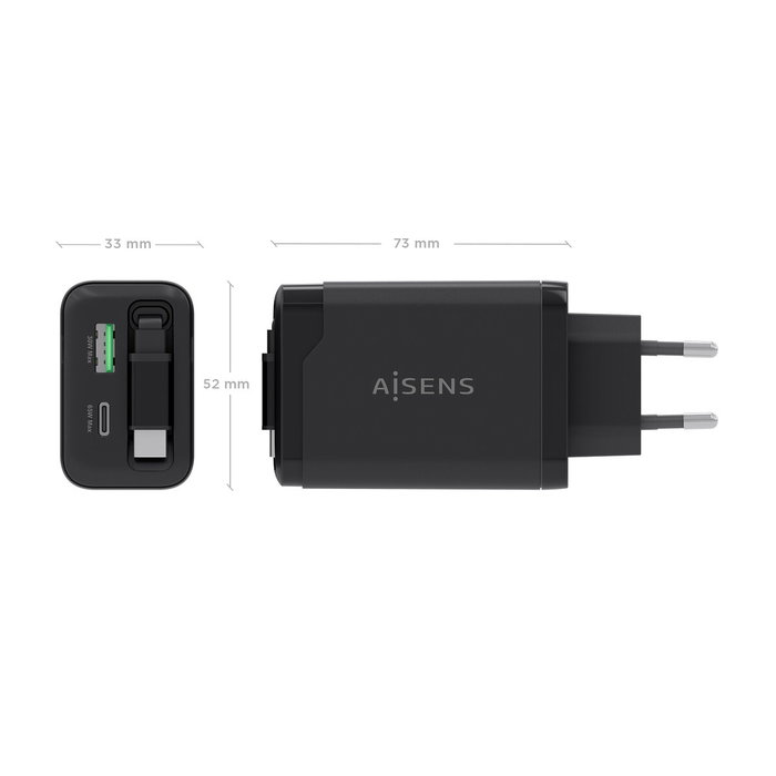 Aisens Cargador GaN 65W con Cable Retráctil USB-C y 3 Puertos, Negro