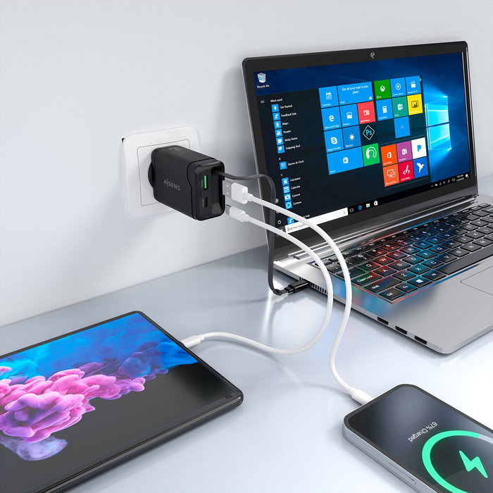 Aisens Cargador GaN 65W con Cable Retráctil USB-C y 3 Puertos, Negro
