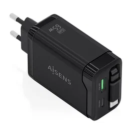 AISENS Cargador GaN 65W con Cable Retráctil USB-C y 3 Puertos, Negro