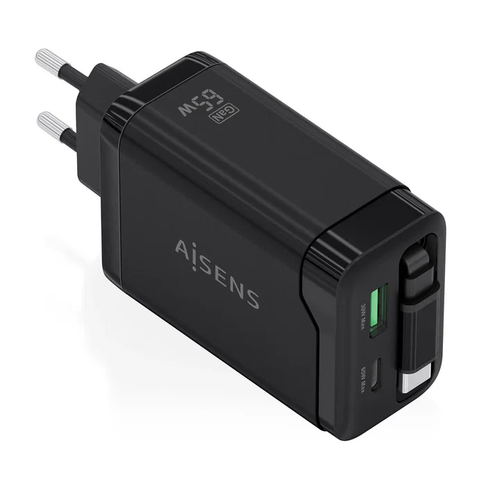 Aisens Cargador GaN 65W con Cable Retráctil USB-C y 3 Puertos Aisens Cargador GaN 65W con Cable Retráctil USB-C y 3 Puertos