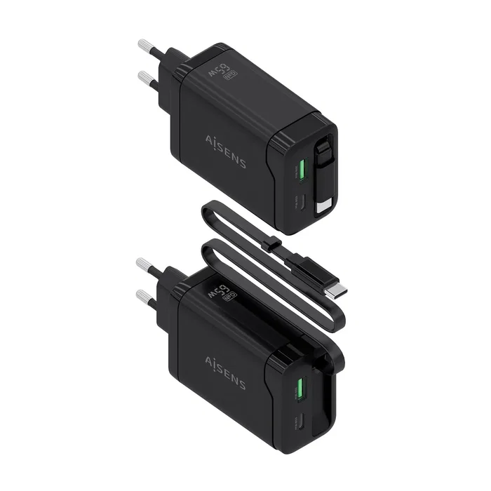 Aisens Cargador GaN 65W con Cable Retráctil USB-C y 3 Puertos Aisens Cargador GaN 65W con Cable Retráctil USB-C y 3 Puertos