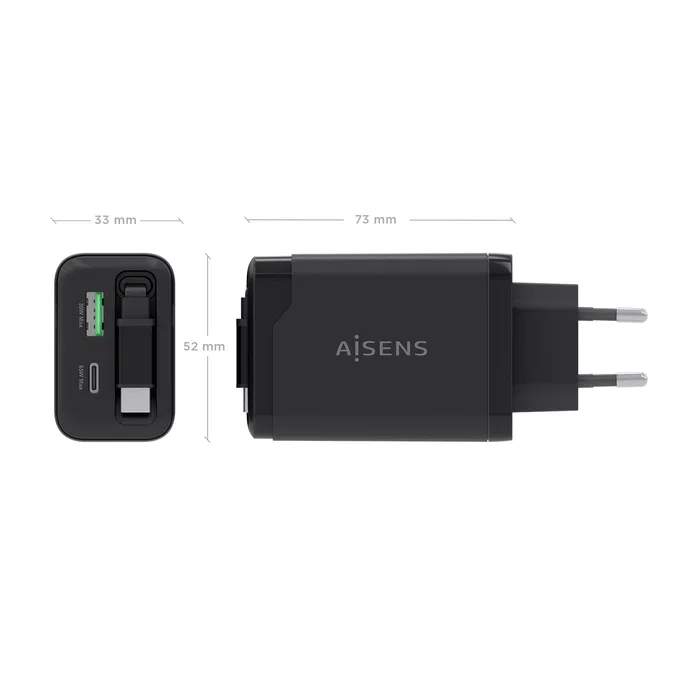 Aisens Cargador GaN 65W con Cable Retráctil USB-C y 3 Puertos Aisens Cargador GaN 65W con Cable Retráctil USB-C y 3 Puertos