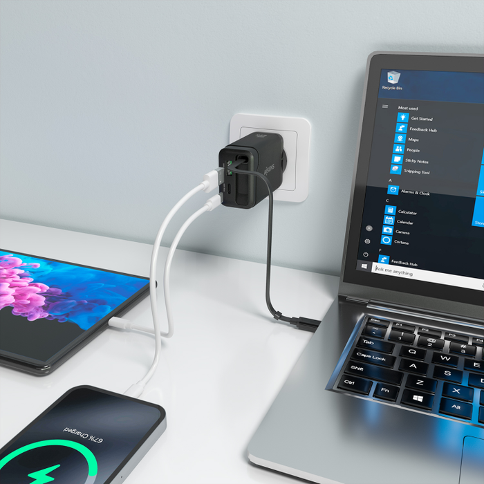 AISENS Cargador GaN 65W, USB-C PD3.0, USB-A QC3.0, Cable Retráctil, Negro