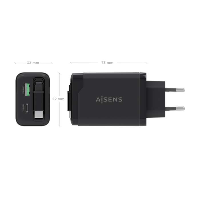 AISENS Cargador GaN 65W, USB-C PD3.0, USB-A QC3.0, Cable Retráctil, Negro