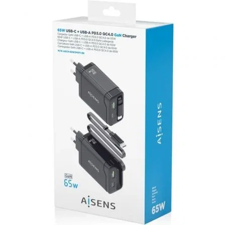 Aisens ASCH-65W3P071-BK Cargador GaN 65W Negro, 2x USB-C, 1x USB-A, Carga Rápida