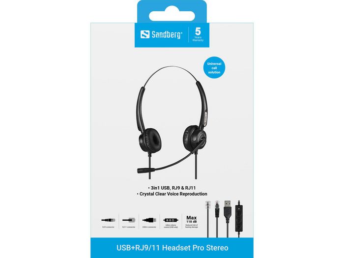 Sandberg Auriculares USB+RJ9/11 Headset Pro Stereo para Oficina y Trabajo con Micrófono Flexible y Conexión Inmediata