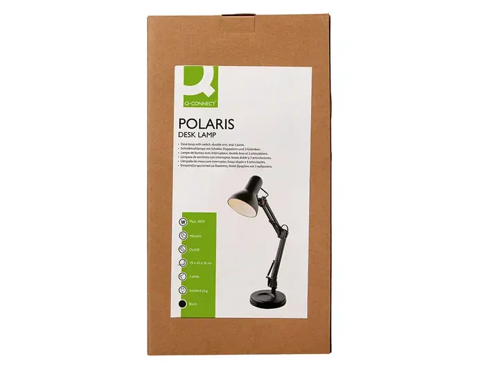 Q-Connect Polaris Lámpara de Escritorio con Brazo Doble y 3 Articulaciones, Estructura Metálica, Color Negro
