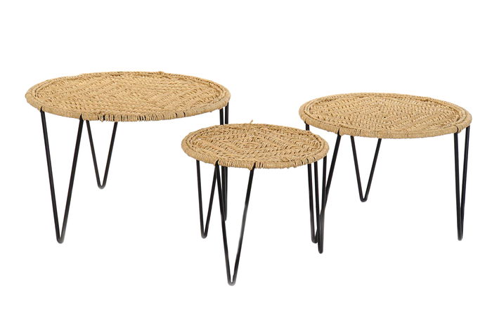 DKD Home Decor Bali 2020 Mesita Auxiliar Marron Negro Metal Cuerda 62 x 40.5 x 62 cm Set de 3
